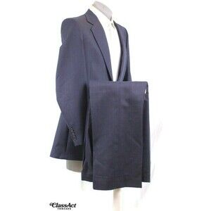 Pierre Cardin 2 Piece Suit Mens Blue Striped 2 Btn 40L Flat Fronts 36" Waist